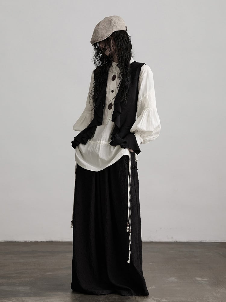Ruffle Multi-Layer Sleeveless Black Paneled Vest Urban Goth