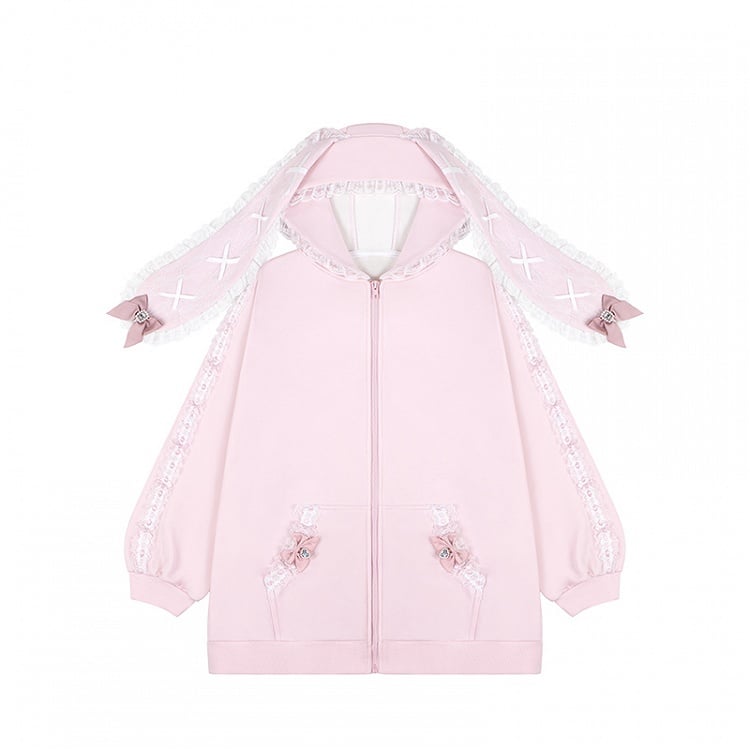 Style Hoodie Bow Zip-up Lace Jirai | Light with Pink Ears Kei Details and Bunny