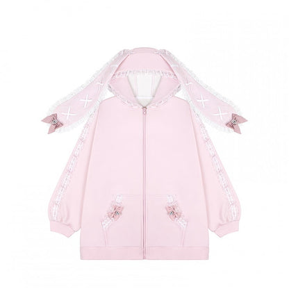 Style Hoodie Bow Zip-up Lace Jirai | Light with Pink Ears Kei Details and Bunny