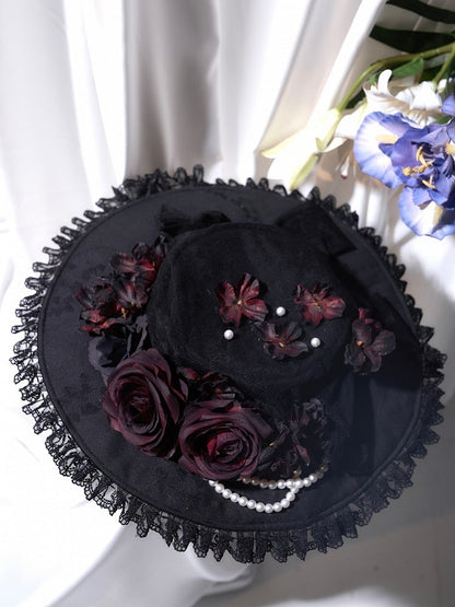 Flowers Elegant Beads with and Flat Black/Gray/Brown Lolita Hat