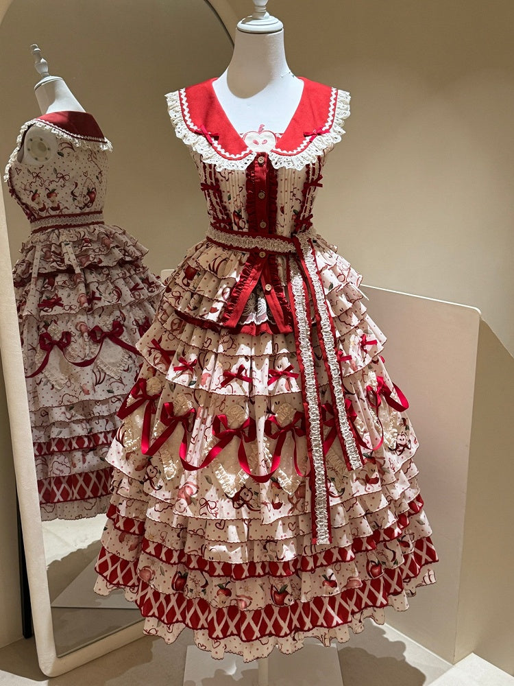 Cottagecore Red Apple Sleeveless Top Ruffle Bow Skirt Belt Set - A small milk candy