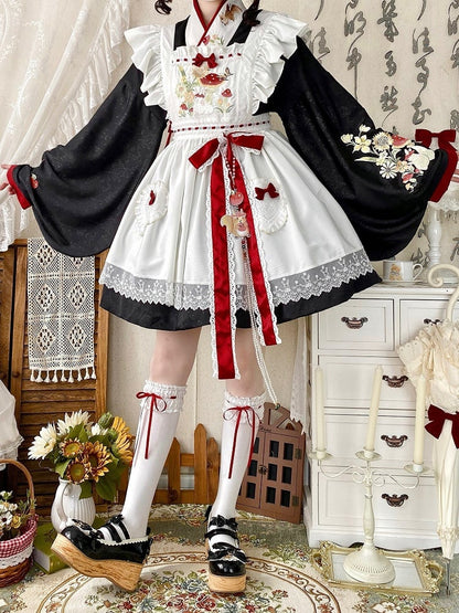 Mushroom OP Black Crossover + Ausschnittstickerei und Bunny Schürze Han Lolita