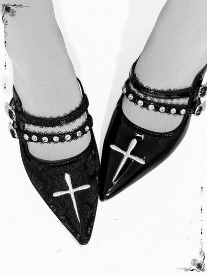 Embroidery Cross Heel with Stiletto Lace Sandals 6cm Gothic Pointed Toe Black