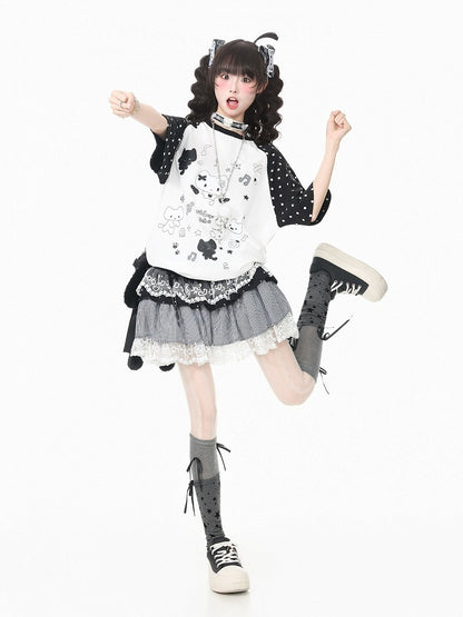 White Crew Neck Short Sleeve T-shirt with Kitten & Polka Dot - Languid Park