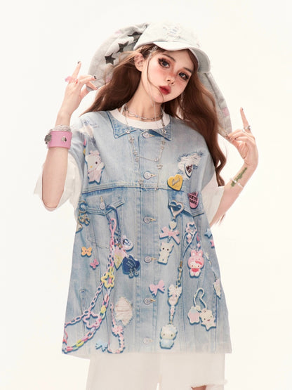 Summer Loose Design T-Shirt Blue Colorblock Denim Top Print