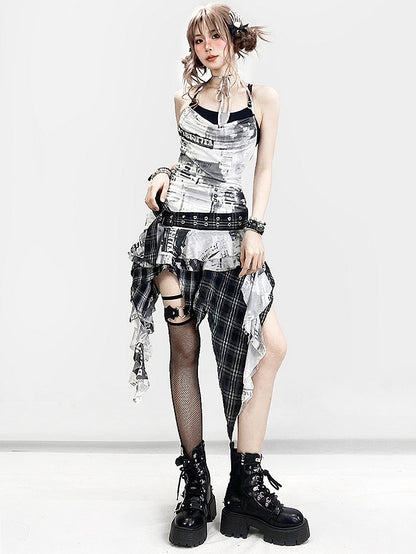 ダイタイデザイン + チェック柄キャミソールドレス トップネック アシンメトリースカートディテール ホワイト ブラックヘム ホルターネック スパイダーウェブ