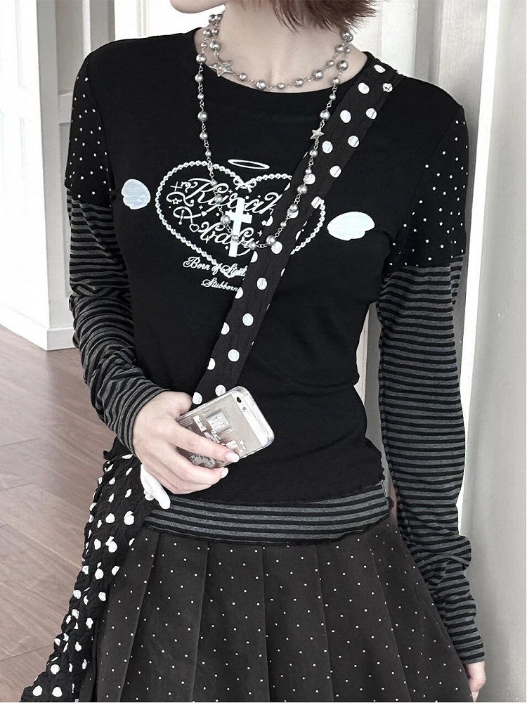 Heart Gray Striped Two-pieces Print with Top Faux Corss Black