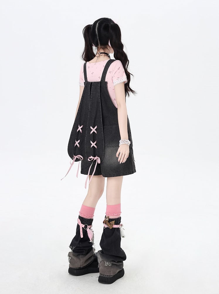 Black Bunny Ears Design Back Adorable Lace-up Denim Overall Shorts