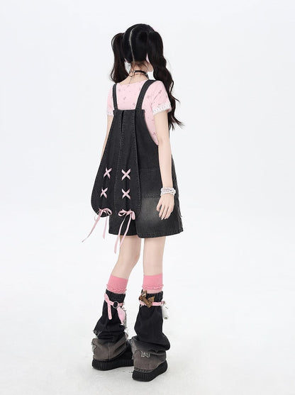 Black Bunny Ears Design Back Adorable Lace-up Denim Overall Shorts