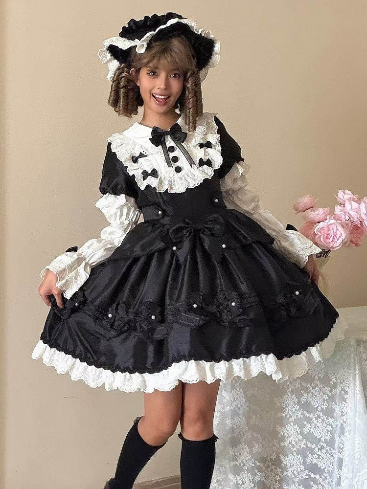 Details Dress with White Sweet Bead Trimmed Black Lolita Lace and Bow