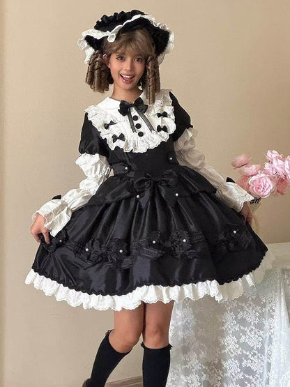 Details Dress with White Sweet Bead Trimmed Black Lolita Lace and Bow