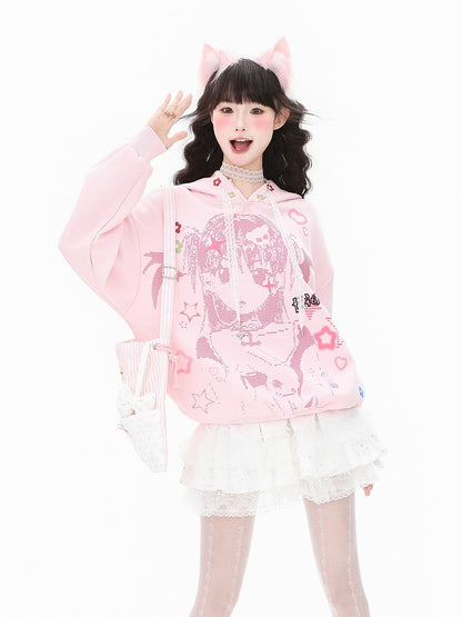 Hoodie White/Pink Lace and Girl Cartoon Winged Print Drawstrings with