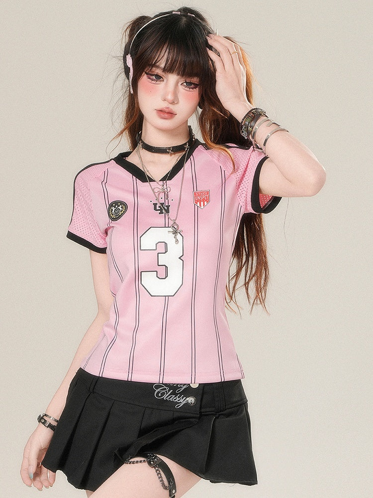 華やかなTシャツ プリントナンバーストライプ柄 Vネック ピンク