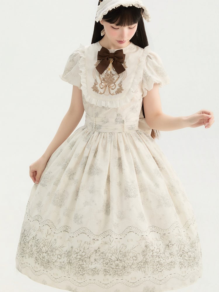 Lolita Bowknot White Floral Version One and Long Piece Embroidery Bodice Classic