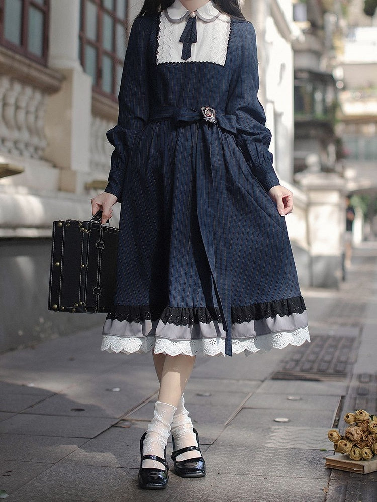 Ärmel Ein Blaues Klassisches Plaid mit Elegantem Lolita Long in Piece Taillengürtel Navy