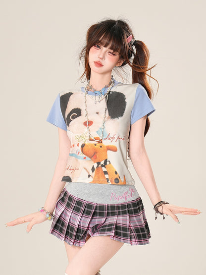 愛らしいカラーブロックデザインの子犬プリントのブルー/ピンクのTシャツ