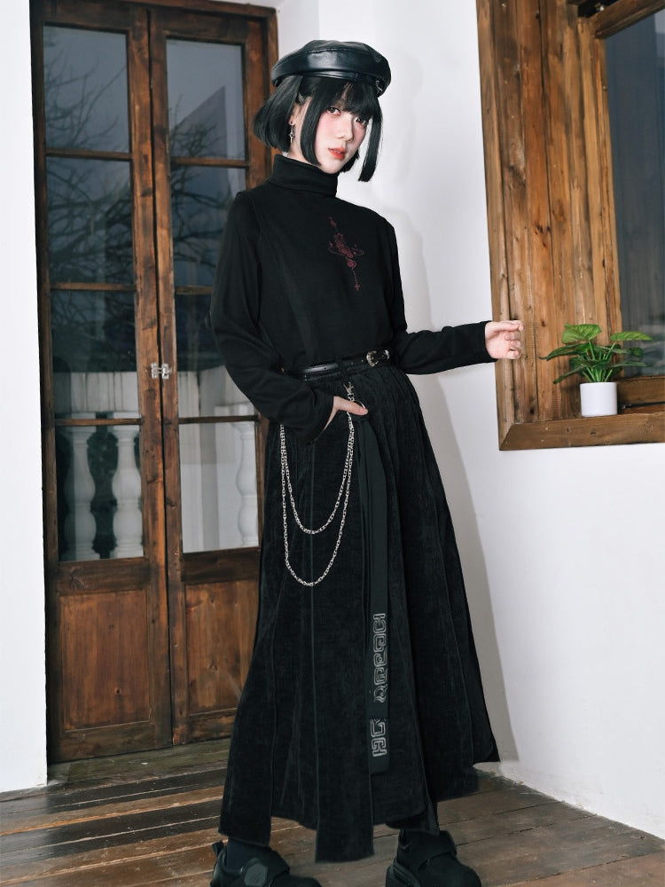 Fleece-lining Long Black with Print Top High-neck Unicorn Sleeve