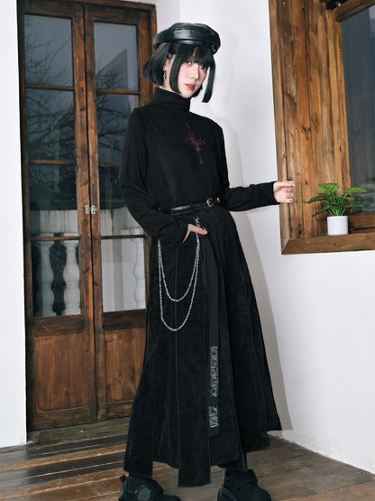 Fleece-lining Long Black with Print Top High-neck Unicorn Sleeve