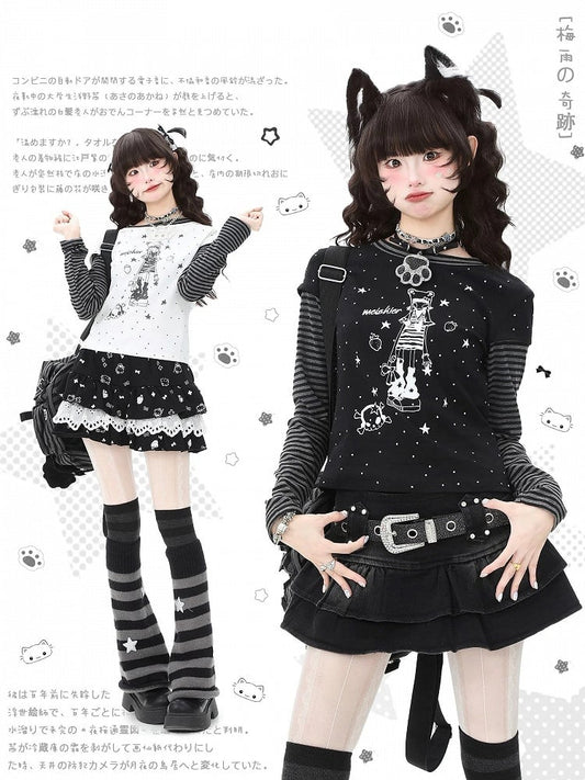 Top Sleeve Striped Bittersweet Pattern with Two-Piece Black/White Long
