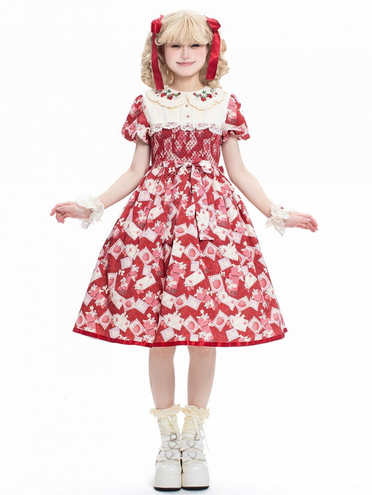 Dress Sleeves Red Lolita Strawberry Embroidered with Beige Sweet Puff Collar Print