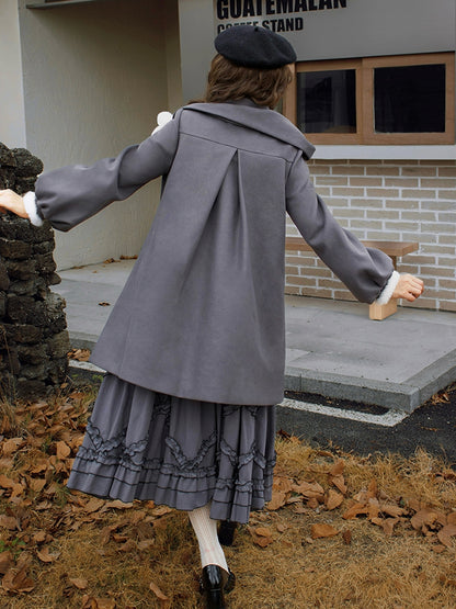 ポンポンスカーフカラー、グレーフリース裏地ウールコート