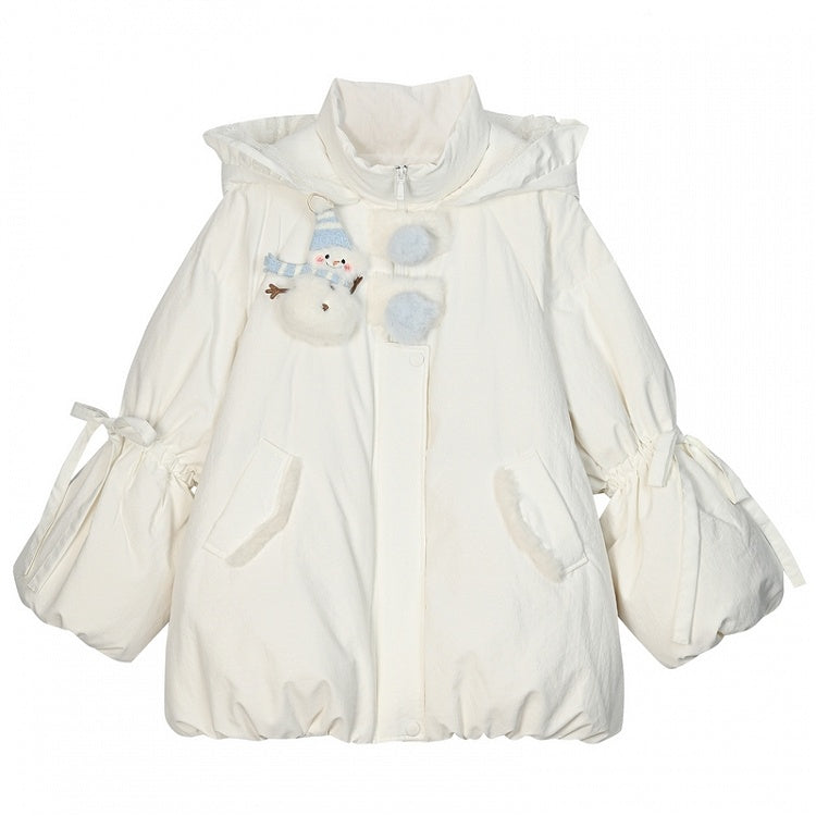 Cute Snowman Adorned White Hooded Puffer Down Jacket Bubble Silhouette