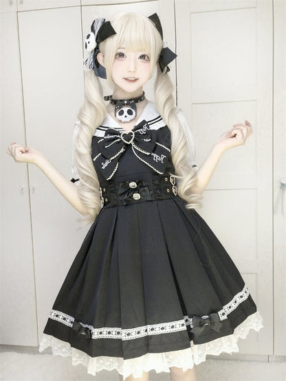 Heart Pink Sailor Collar Jirai Kei Dress Black/Light Back Bow with Self-tie Buckles