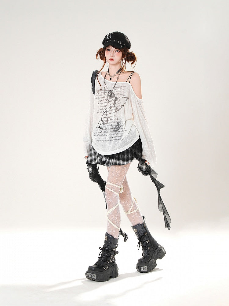 Butterfly Print Asymmetrical Neckline Khaki/White Coverup Semi-sheer