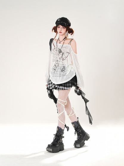 Butterfly Print Asymmetrical Neckline Khaki/White Coverup Semi-sheer