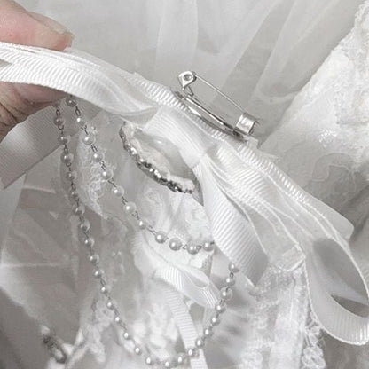 Bow with Bib Beaded Chains Tie White Jirai Kei