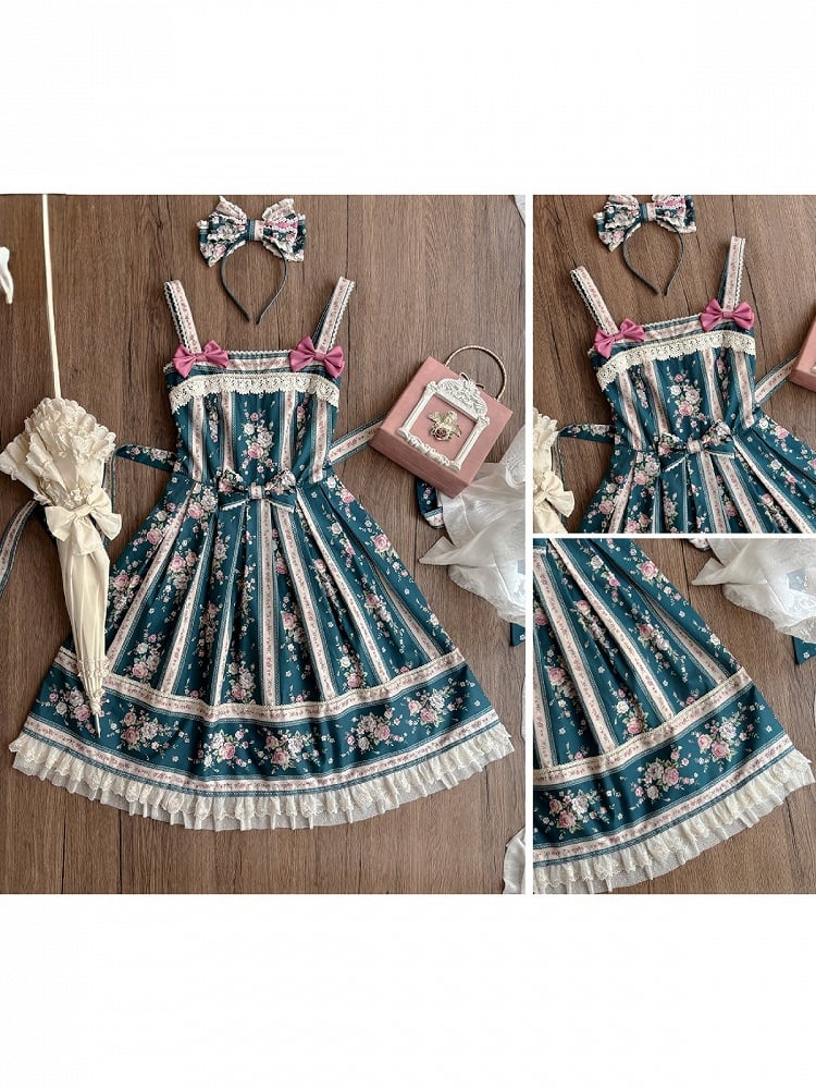 Teal Floral Print Classic Lolita JSK Dress with Back Lace-Up & Box Pleat Skirt - Miss Cube Dressworks