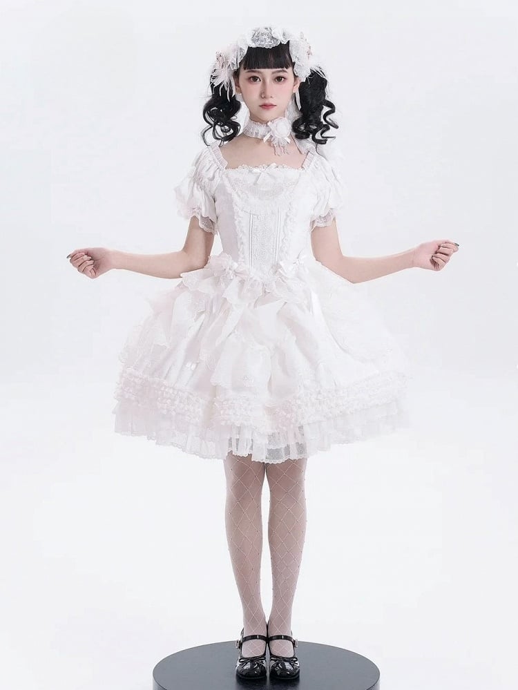 Embroidery Skirt White Elegant Drawstring Layered Details Lolita Ruffles Classic with