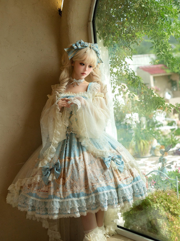 with Skirt Dress Classic Elegant Unicorn Lolita Beaded Chain Print and Waist Blue Overlay