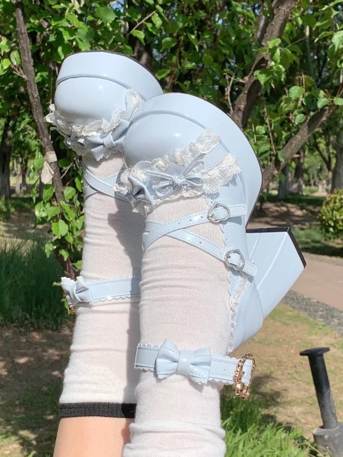 Edging with PU in Details High Lace Print Heel Bowknot Block Lolita Spoon Blue Sky Sweet Elegant Heels