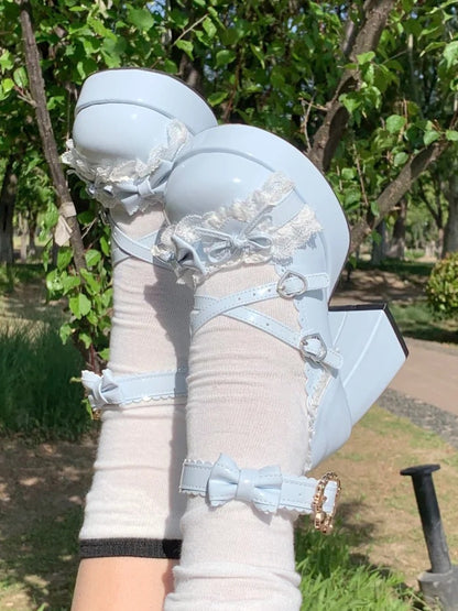 Edging with PU in Details High Lace Print Heel Bowknot Block Lolita Spoon Blue Sky Sweet Elegant Heels