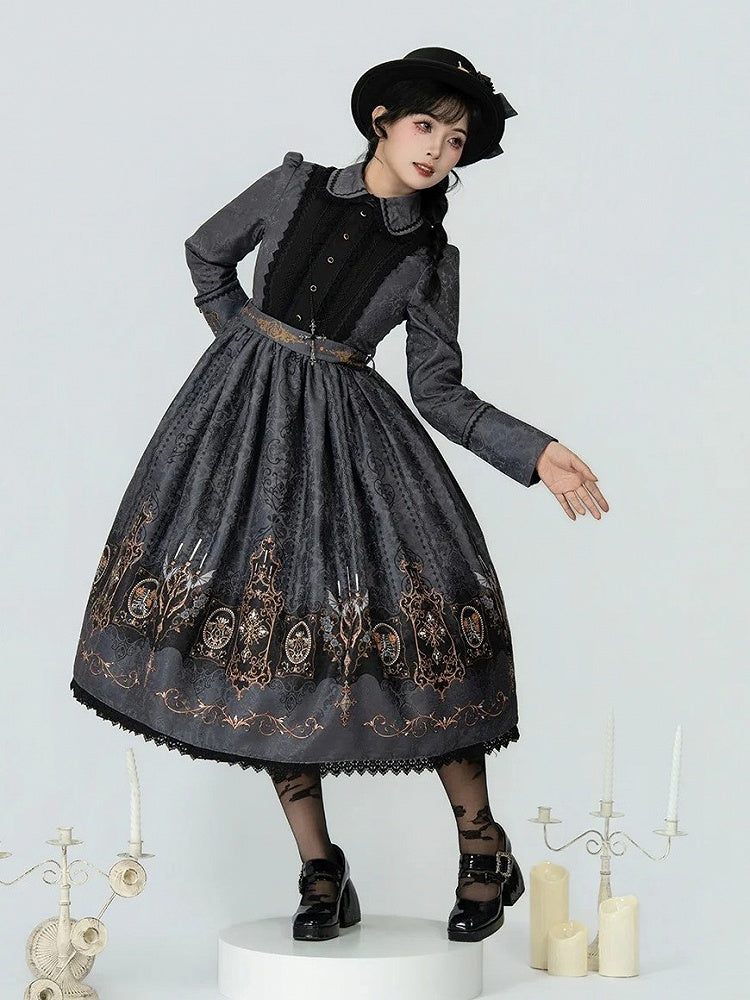 Dress Wings Lolita Collar Long Gothic with Peter Gray Bat Candelabras Sleeves Print Pan