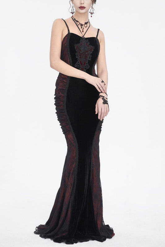 Black and Red High-Waisted Embroidered Women's Gothic Dress
