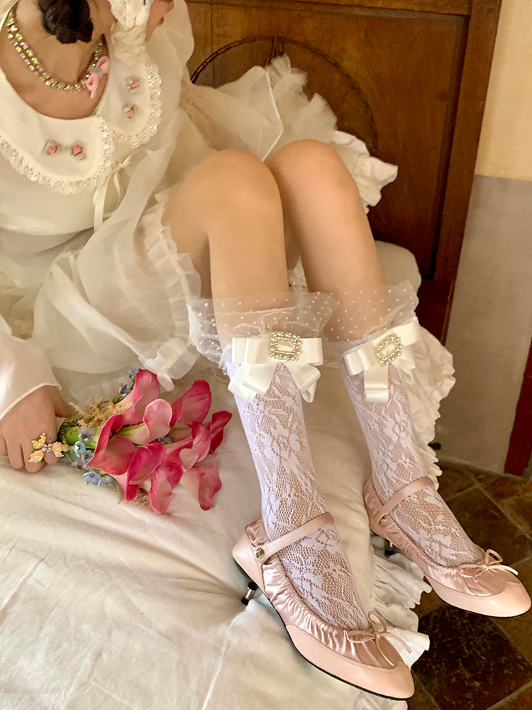 Socks Creamy Bowknot Lace White Trim Polka Dot with Calf Decoration