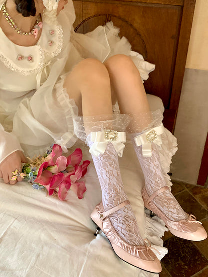 Socks Creamy Bowknot Lace White Trim Polka Dot with Calf Decoration