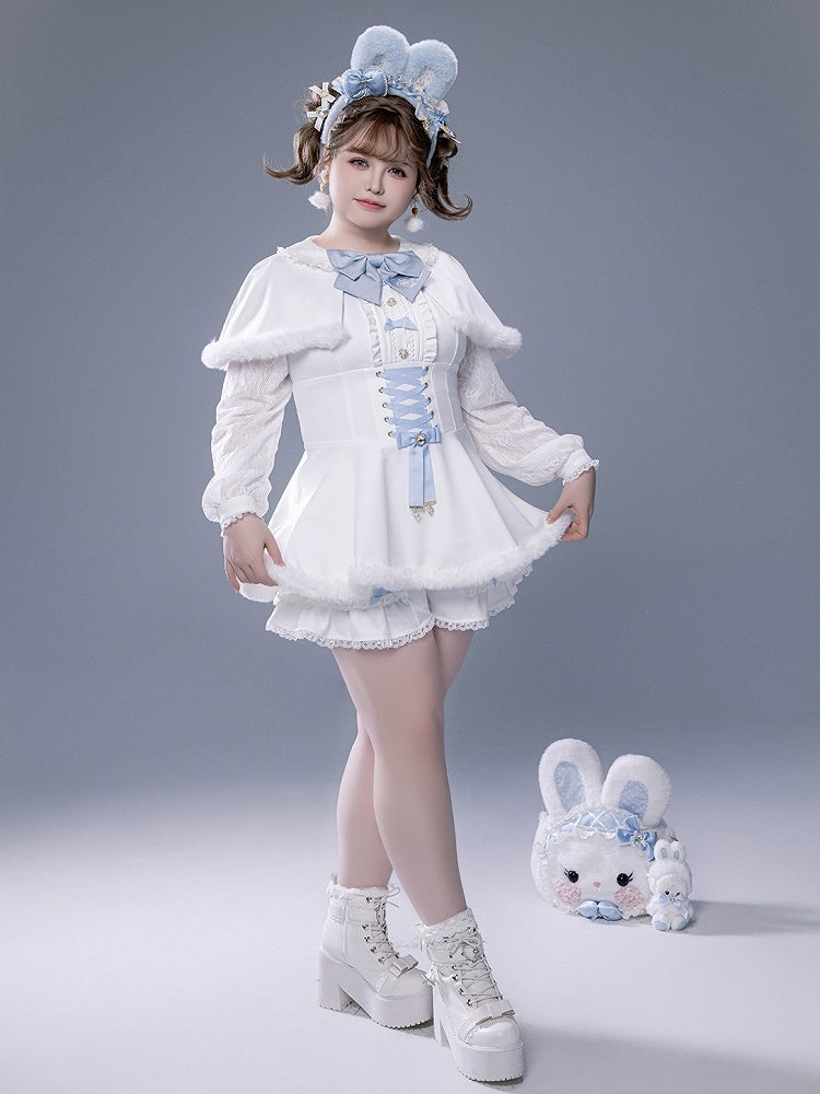 White Landmine Dress Blue Matching Shorts Plush Set Bunny Bow Ear Brooch Style Full Cape Lace +