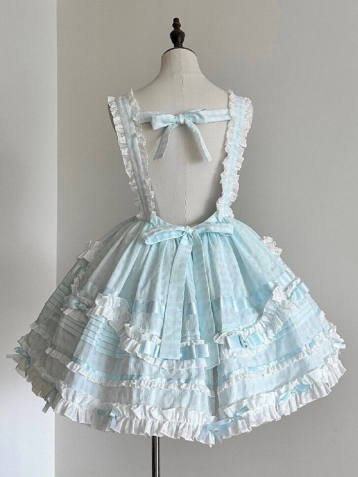 Azure Checkered Frilly Bow Lolita Jumperdress