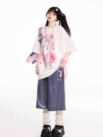 プリントルーズホワイトラウンドネックエンジェルTシャツ