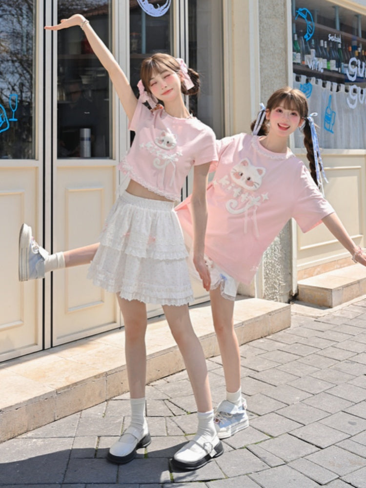 バージョンTシャツ 猫アップリケ ロング/ショート ピンク プラッシュ