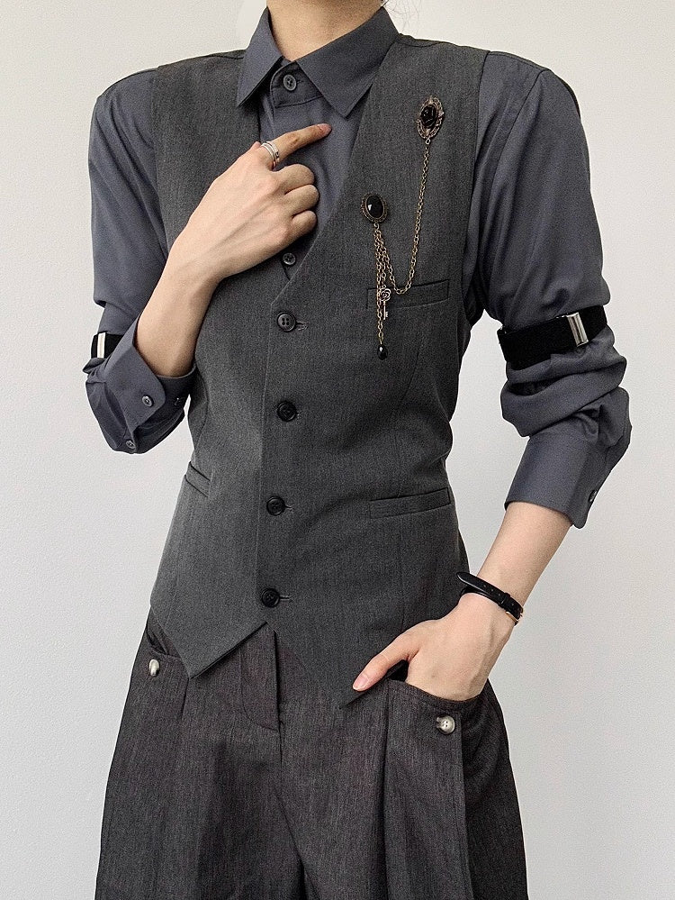 Long Button Cuffs Ouji Shirt Pointed Flat Gray Sleeve Modal Lolita with Dark Collar Unisex
