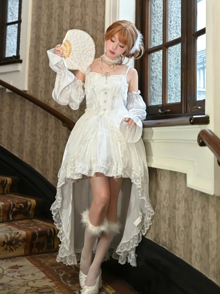 und Schleppe Weißes Satinkleid mit abnehmbaren Shiro Lolita-Ärmeln Ballon
