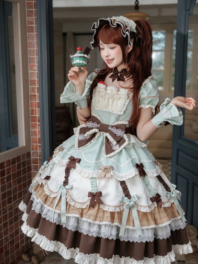 Neckline Bowknot Puff Dress Chocolate Sleeves Details Green Lolita Mint and Square Sweet
