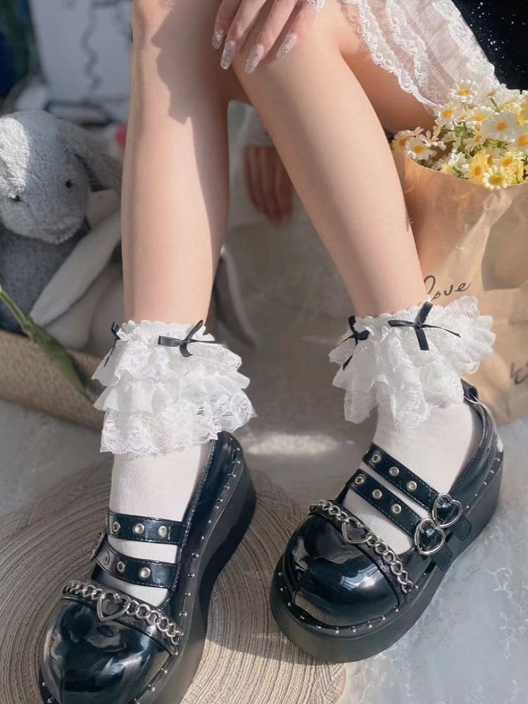 Black/White Cuff Bow Socks Lace Three-layered
