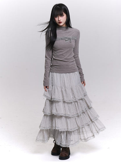 Length Tea Trim Chiffon Blue Mesh with White/Black/Light Tiered Lace Skirt