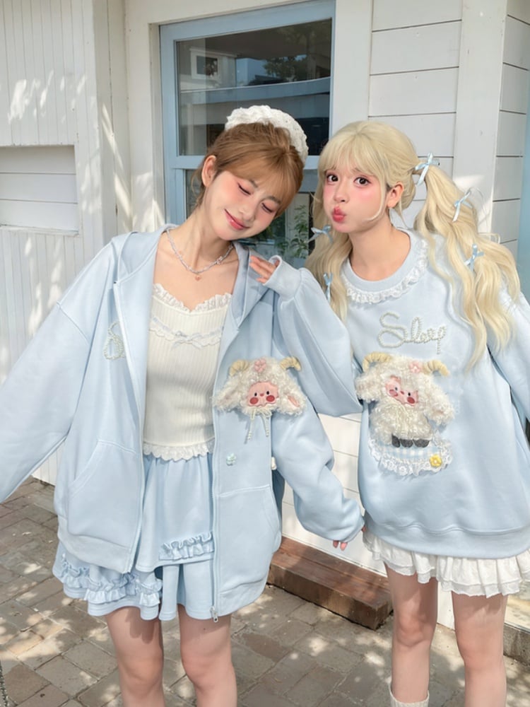 Yume Kawaii Blue Plush Lamb Knitted Floral Zip Closure Hoodie