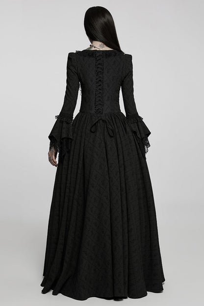 Black Square Neck Long Trumpet Sleeves Rose Print Lace Elegant Gothic Dress